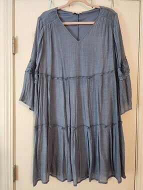 Indigo Rose Blue Tiered V-Neck Dress Embroidered Lace Sleeves 1X  Boho Ruffled